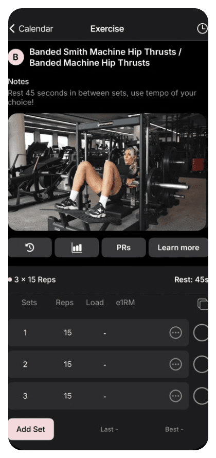 Evolve With Us app exercise detail screen showing Banded Smith Machine Hip Thrusts with sets, reps, and load tracking