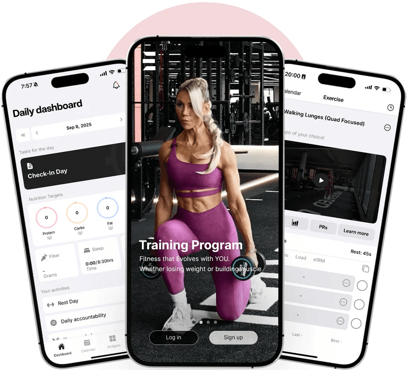 Evolve With Us app shown on three phones, displaying the daily dashboard, training program, and exercise detail screens