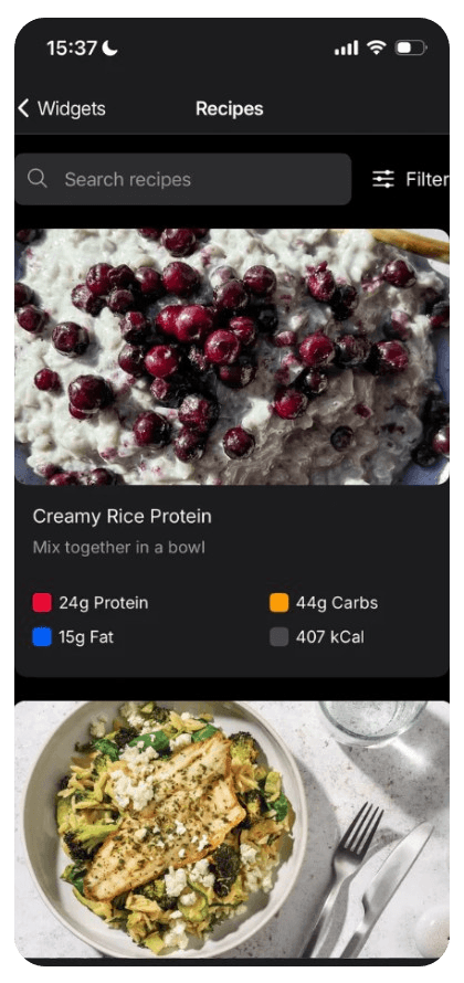 Evolve With Us app recipes screen showing the Creamy Rice Protein recipe with macro breakdown
